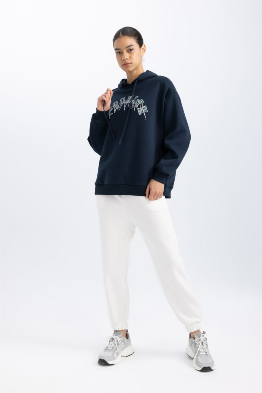 Kadın Lacivert DeFactoFit Oversize Fit Baskılı Kapüşonlu Kalın Sporcu Sweatshirt