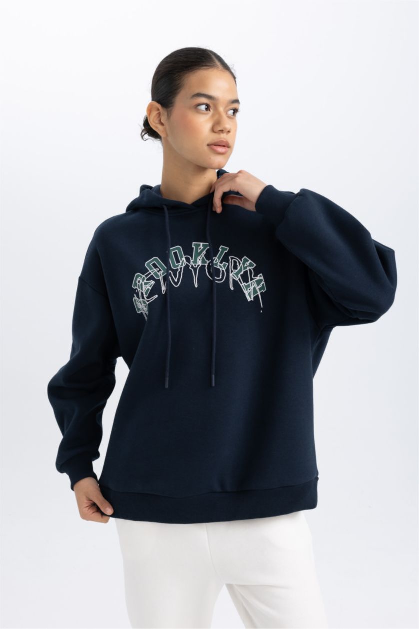Kadın Lacivert DeFactoFit Oversize Fit Baskılı Kapüşonlu Kalın Sporcu Sweatshirt