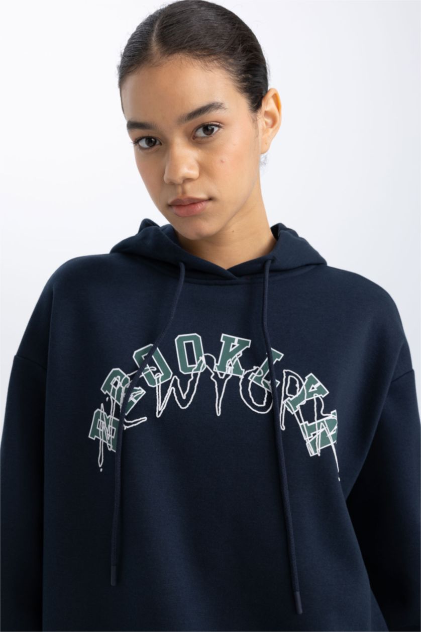 Kadın Lacivert DeFactoFit Oversize Fit Baskılı Kapüşonlu Kalın Sporcu Sweatshirt