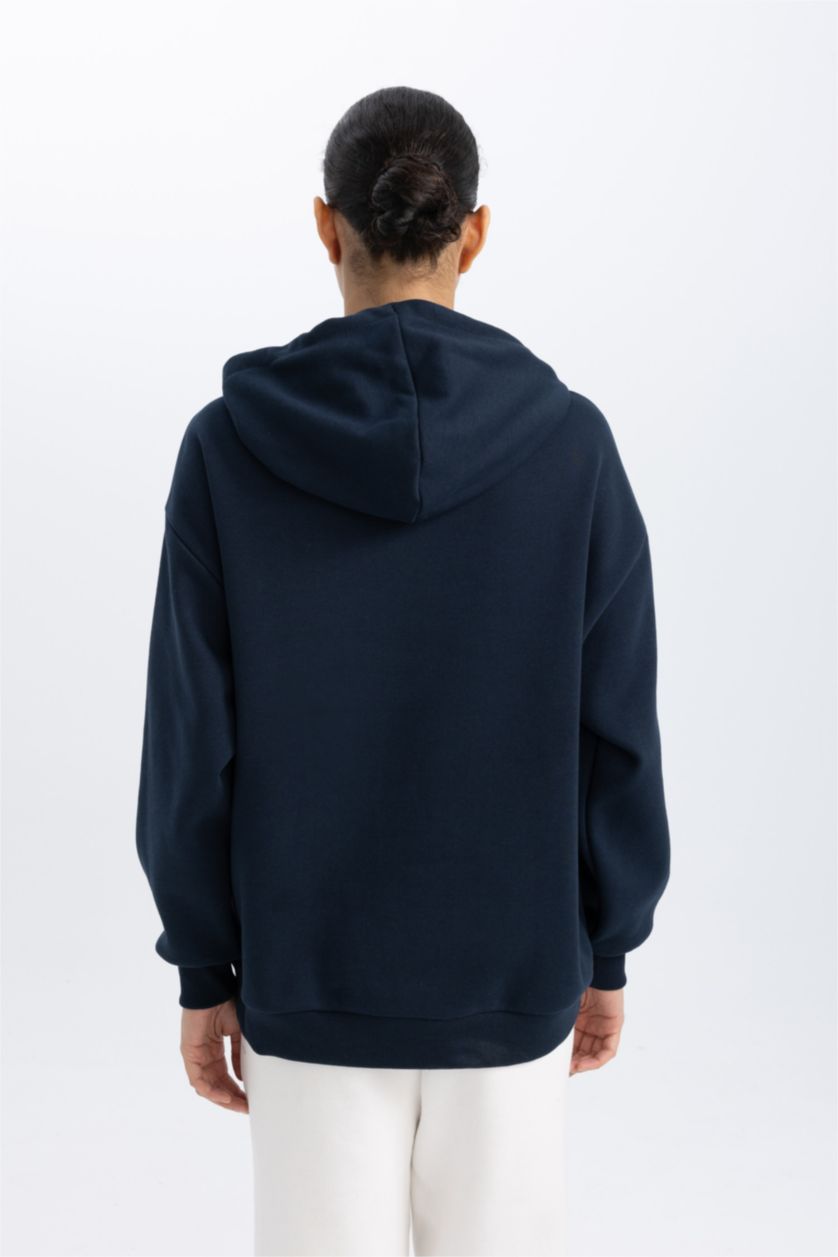 Kadın Lacivert DeFactoFit Oversize Fit Baskılı Kapüşonlu Kalın Sporcu Sweatshirt