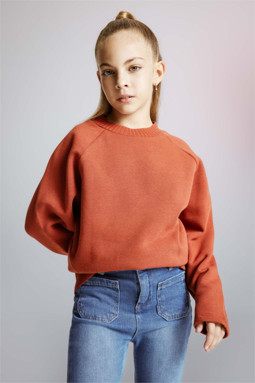 Девочки и подростки Светло коричневый Свитшот оверсайз с круглым вырезом для девочек