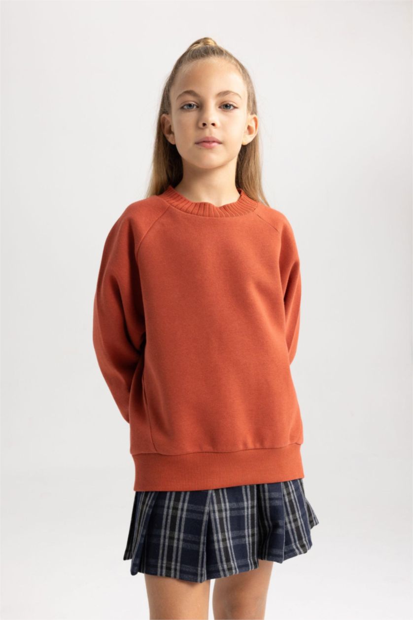 Девочки и подростки Светло коричневый Свитшот оверсайз с круглым вырезом для девочек