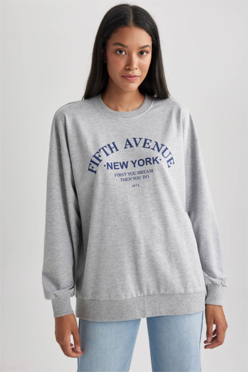 FEMME Gris Sweat- Shirt Coupe Oversize Col Rond Imprimé Slogan à Manches Longues