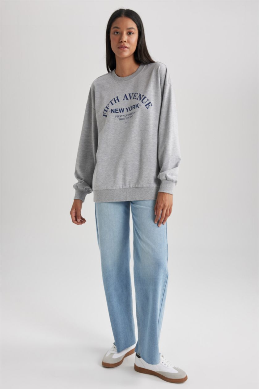 FEMME Gris Sweat- Shirt Coupe Oversize Col Rond Imprimé Slogan à Manches Longues