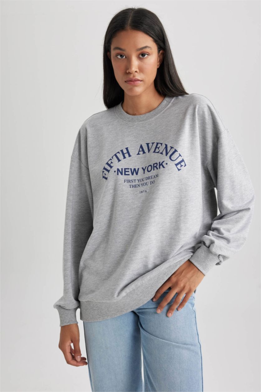 FEMME Gris Sweat- Shirt Coupe Oversize Col Rond Imprimé Slogan à Manches Longues