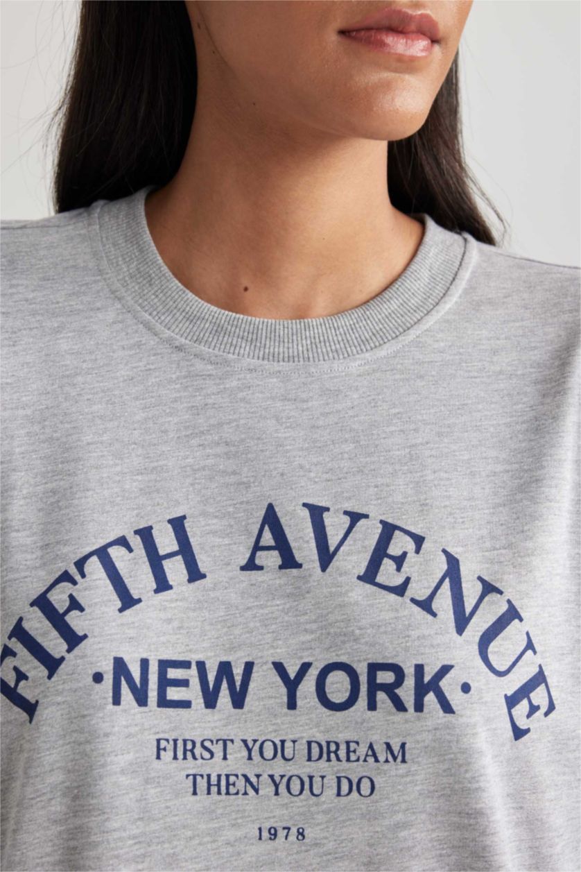 FEMME Gris Sweat- Shirt Coupe Oversize Col Rond Imprimé Slogan à Manches Longues