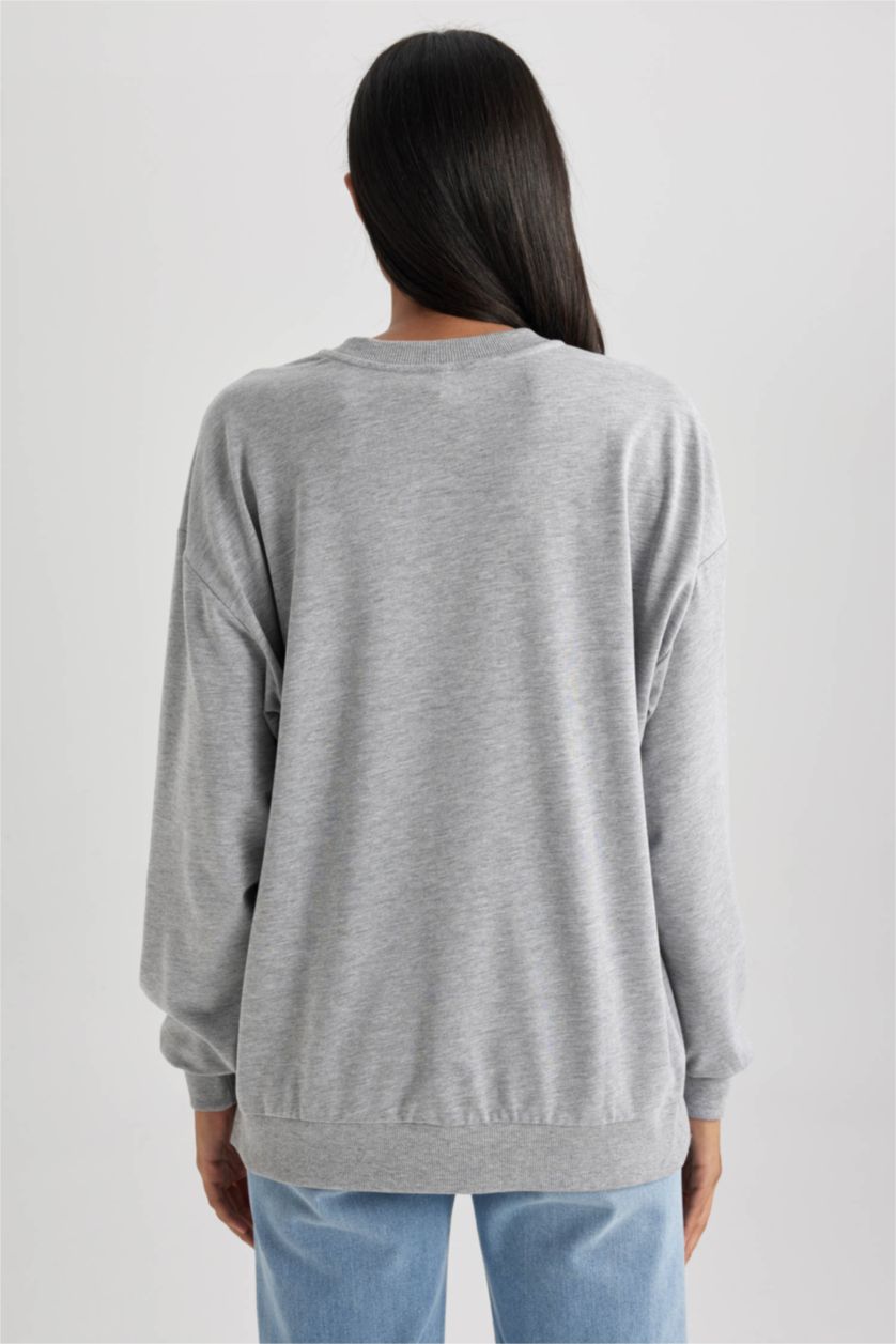 FEMME Gris Sweat- Shirt Coupe Oversize Col Rond Imprimé Slogan à Manches Longues