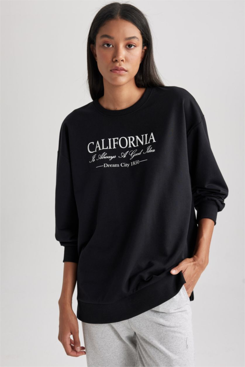 FEMME Noir Sweat- Shirt Coupe Oversize Col Rond Imprimé Slogan à Manches Longues