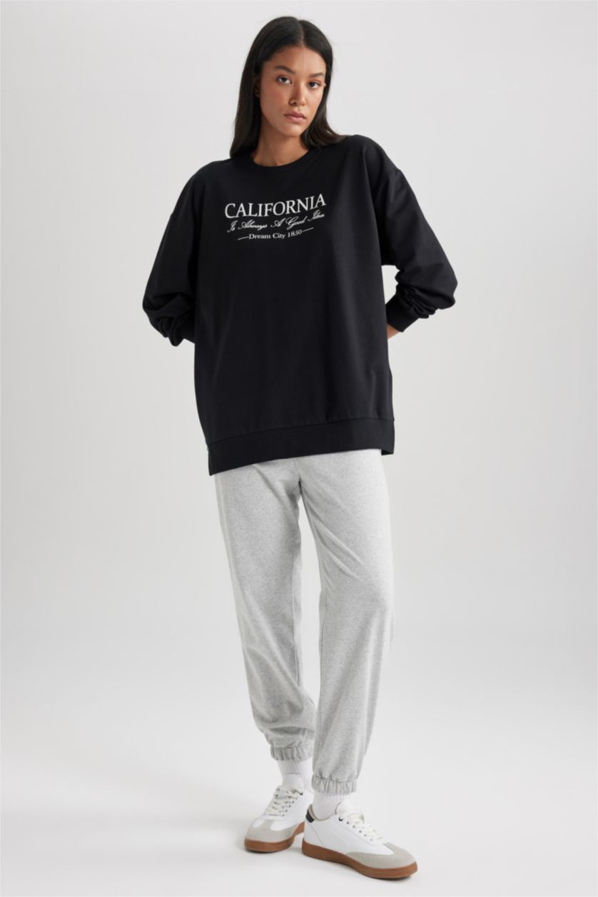 FEMME Noir Sweat- Shirt Coupe Oversize Col Rond Imprimé Slogan à Manches Longues