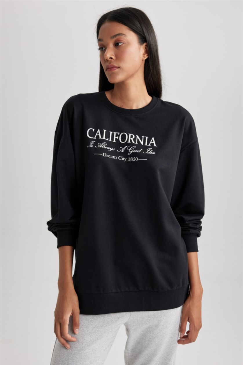 FEMME Noir Sweat- Shirt Coupe Oversize Col Rond Imprimé Slogan à Manches Longues