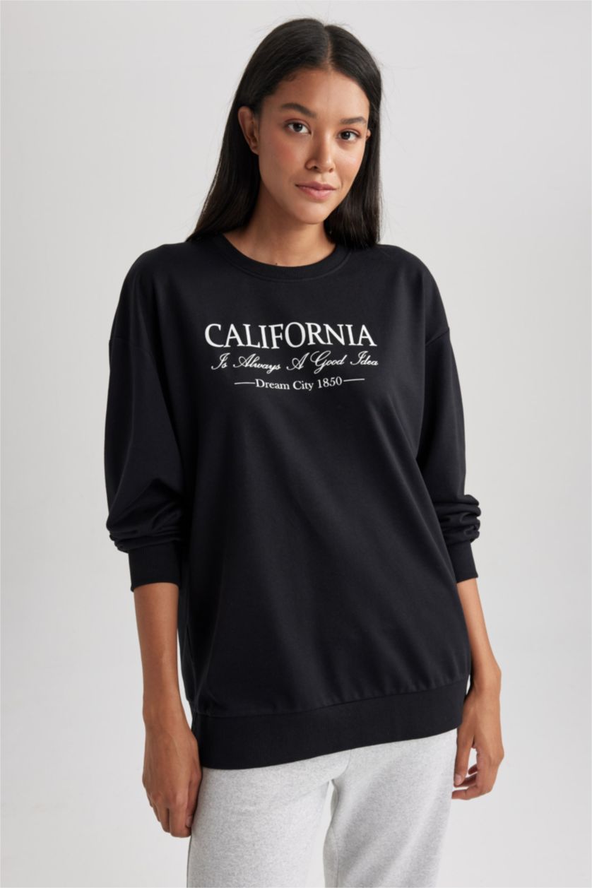 FEMME Noir Sweat- Shirt Coupe Oversize Col Rond Imprimé Slogan à Manches Longues