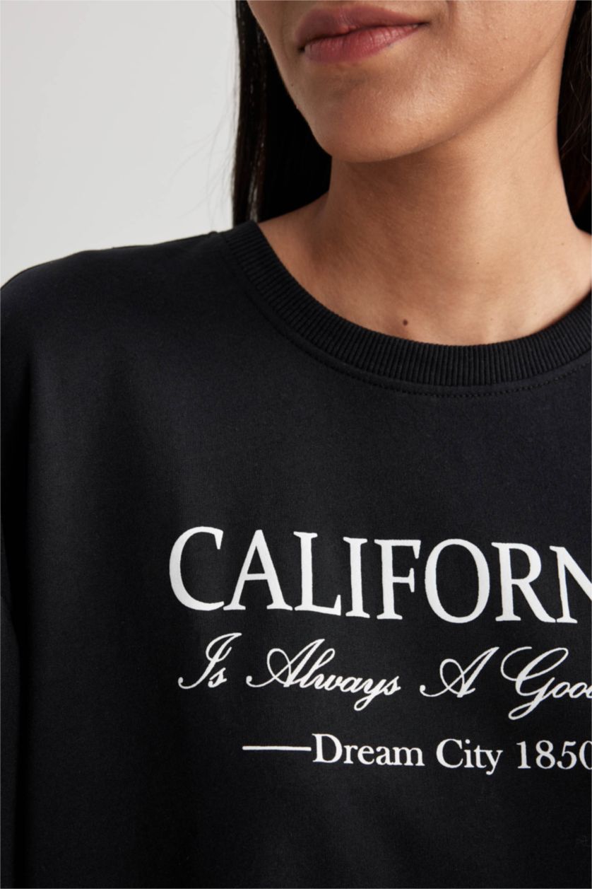 FEMME Noir Sweat- Shirt Coupe Oversize Col Rond Imprimé Slogan à Manches Longues