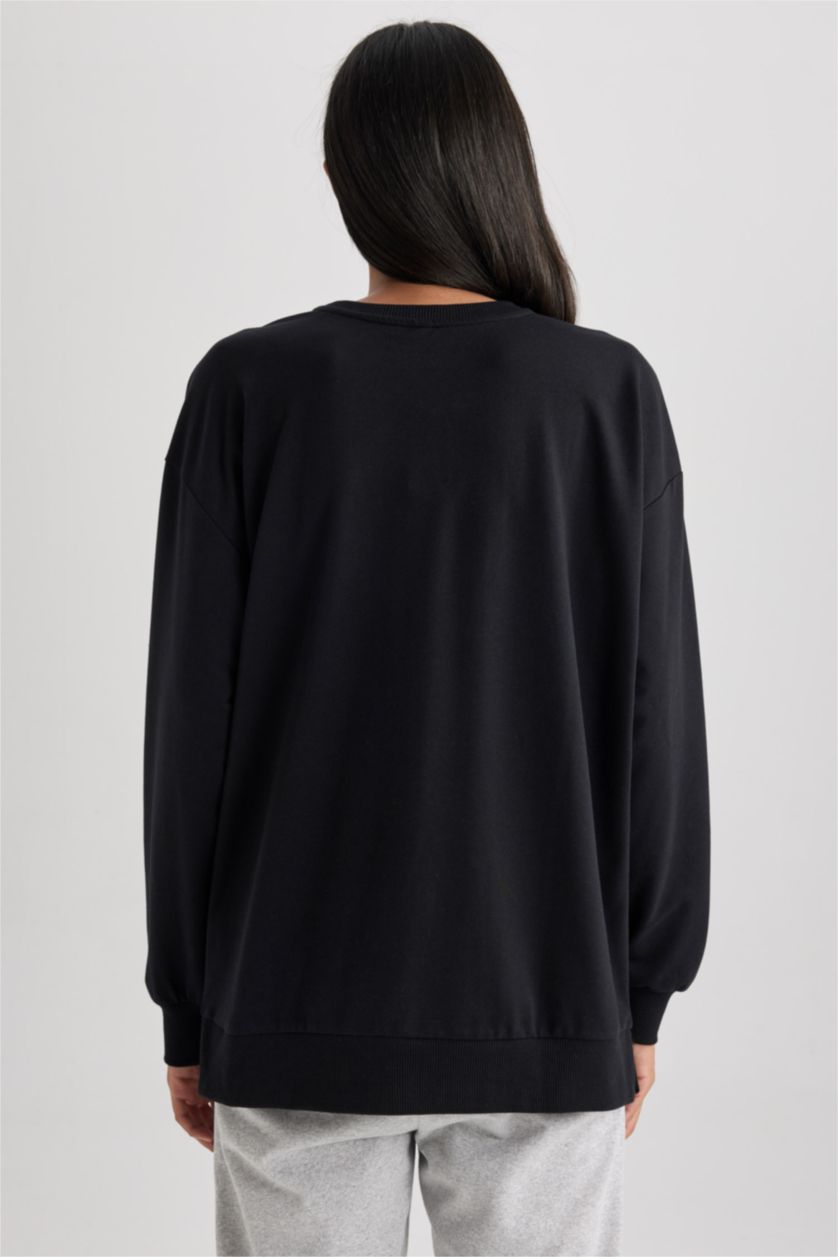 FEMME Noir Sweat- Shirt Coupe Oversize Col Rond Imprimé Slogan à Manches Longues