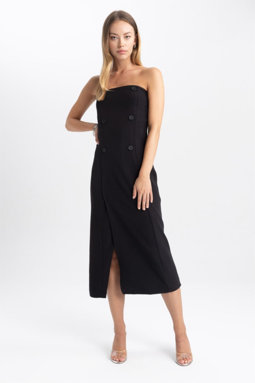 Kadın Siyah Straplez Basic Düz Yırtmaçlı Midi Siyah Abiye Elbise