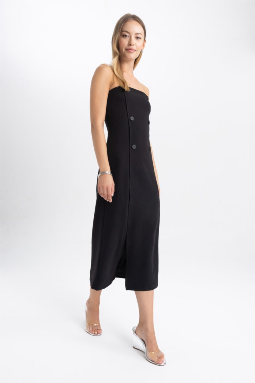 Kadın Siyah Straplez Basic Düz Yırtmaçlı Midi Siyah Abiye Elbise