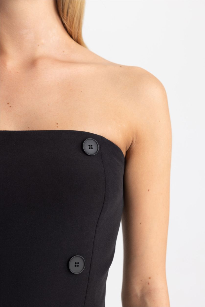 Kadın Siyah Straplez Basic Düz Yırtmaçlı Midi Siyah Abiye Elbise