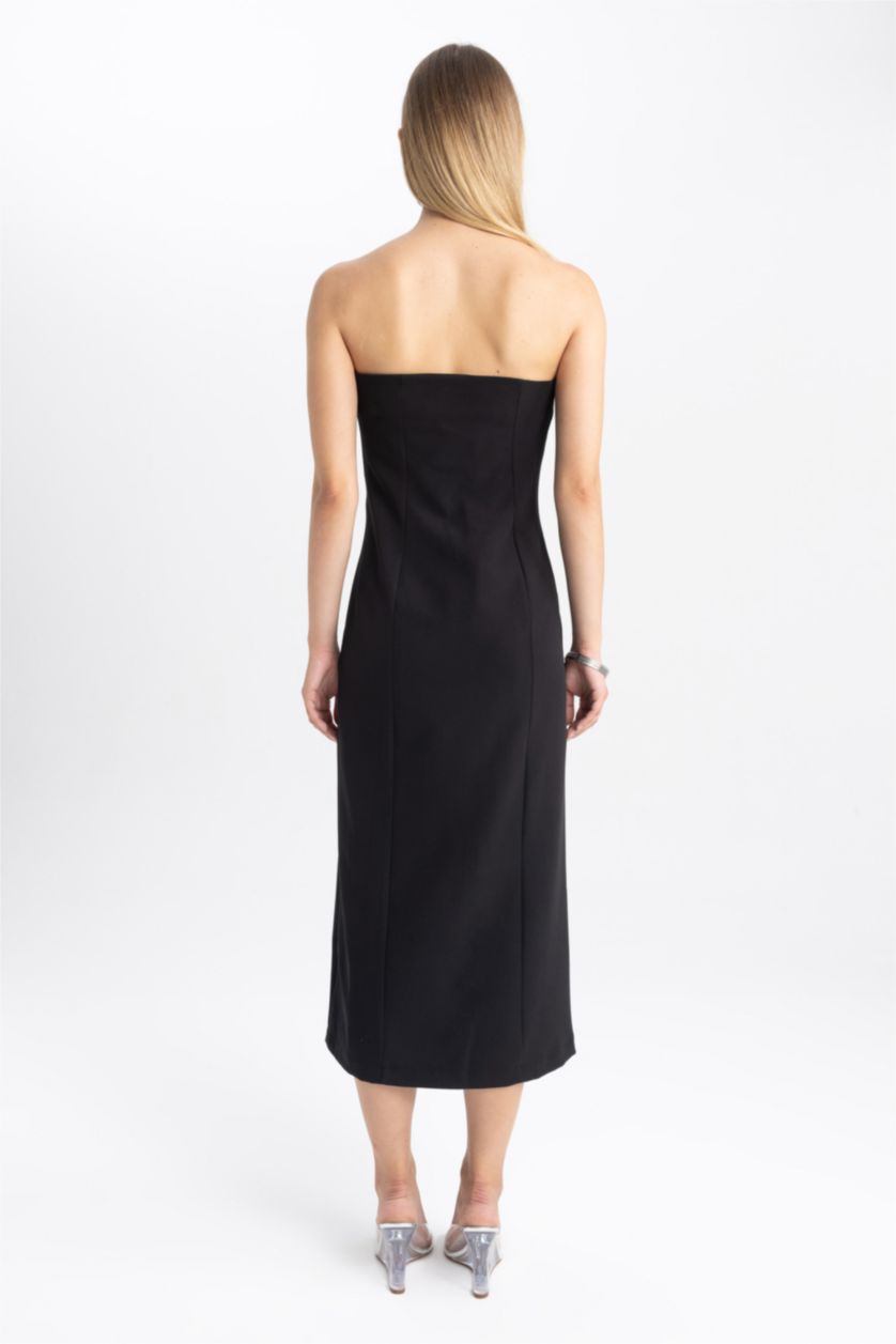 Kadın Siyah Straplez Basic Düz Yırtmaçlı Midi Siyah Abiye Elbise