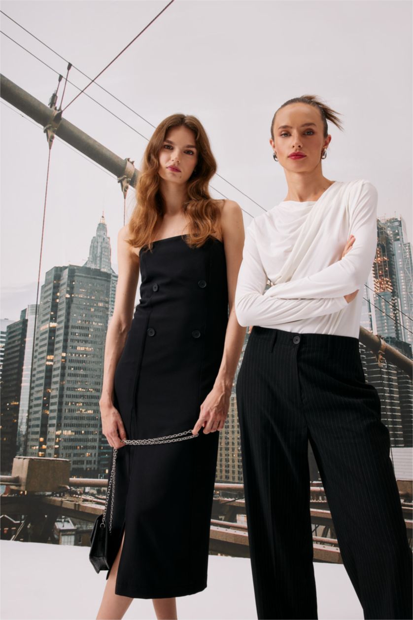 Kadın Siyah Straplez Basic Düz Yırtmaçlı Midi Siyah Abiye Elbise