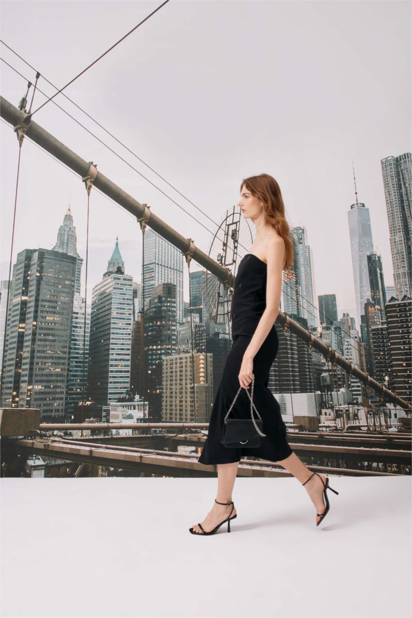 Kadın Siyah Straplez Basic Düz Yırtmaçlı Midi Siyah Abiye Elbise