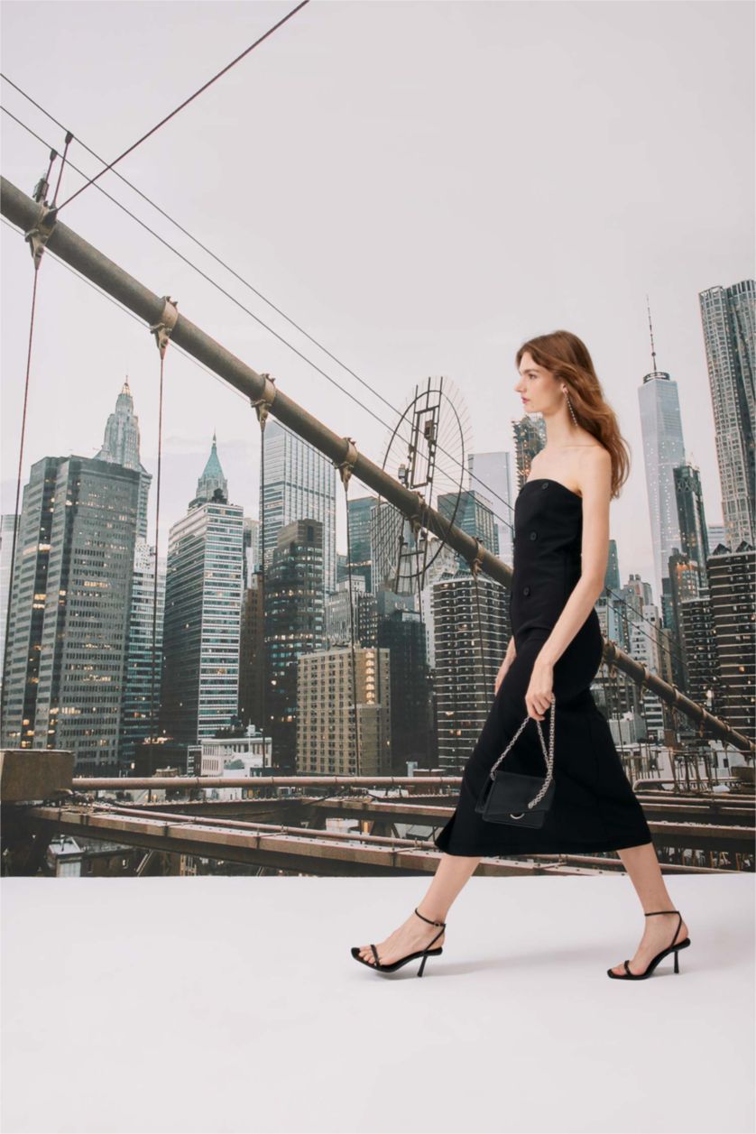 Kadın Siyah Straplez Basic Düz Yırtmaçlı Midi Siyah Abiye Elbise