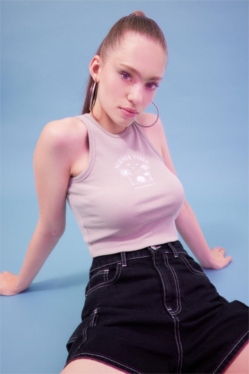 نساء اللون الحجري تيشيرت كت مضلع سليم فيت برقبة مستديرة