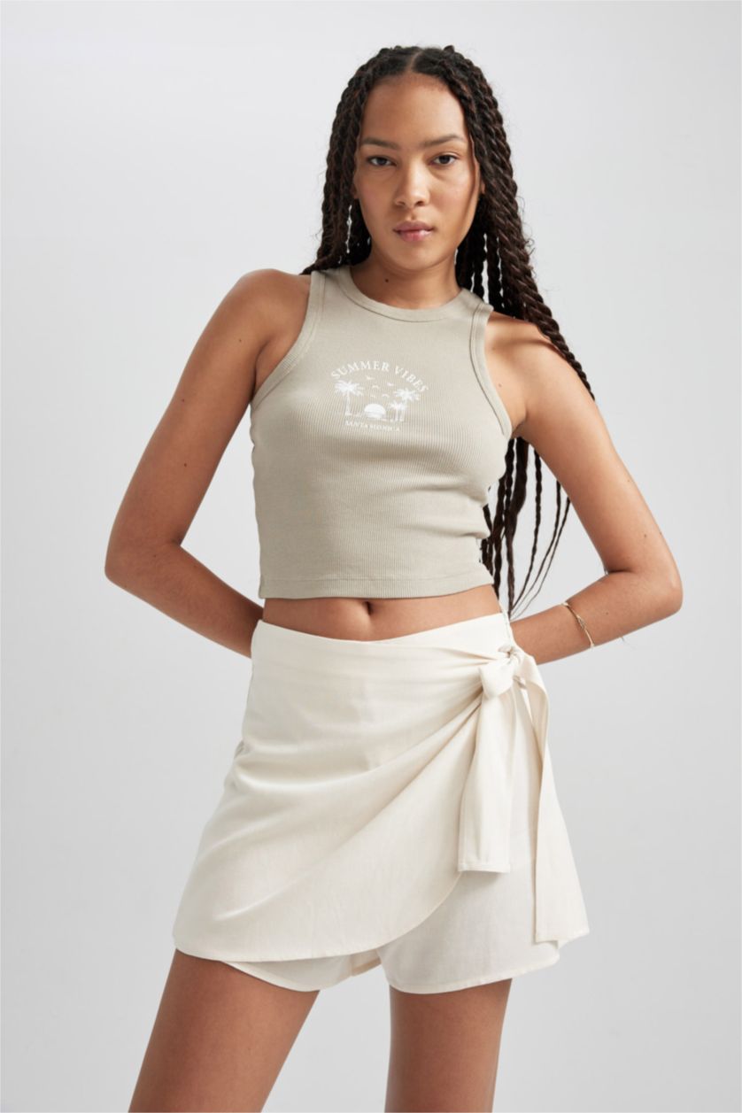 نساء اللون الحجري تيشيرت كت مضلع سليم فيت برقبة مستديرة