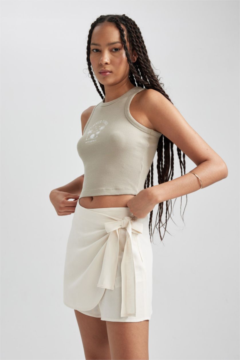 نساء اللون الحجري تيشيرت كت مضلع سليم فيت برقبة مستديرة