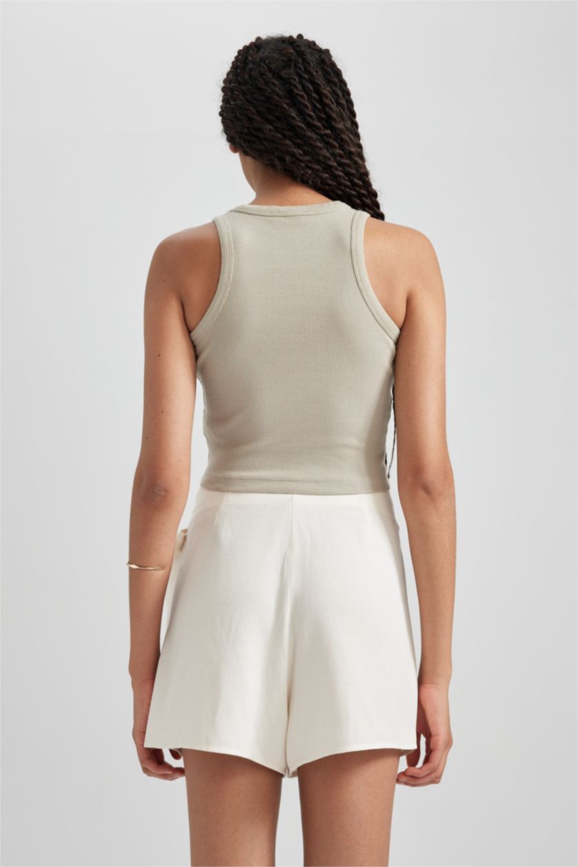 نساء اللون الحجري تيشيرت كت مضلع سليم فيت برقبة مستديرة