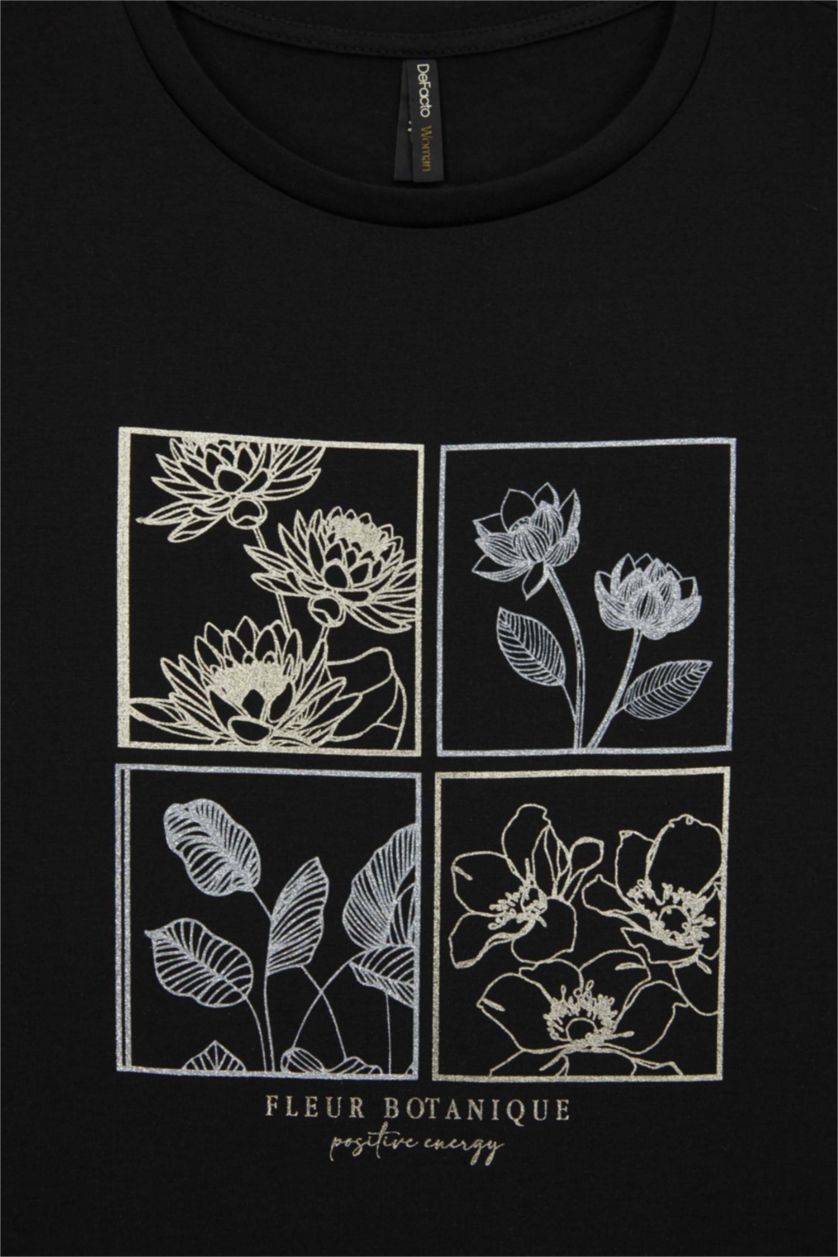 Kadın Siyah Relax Fıt Bisiklet Yaka Kısa Kollu Tişört