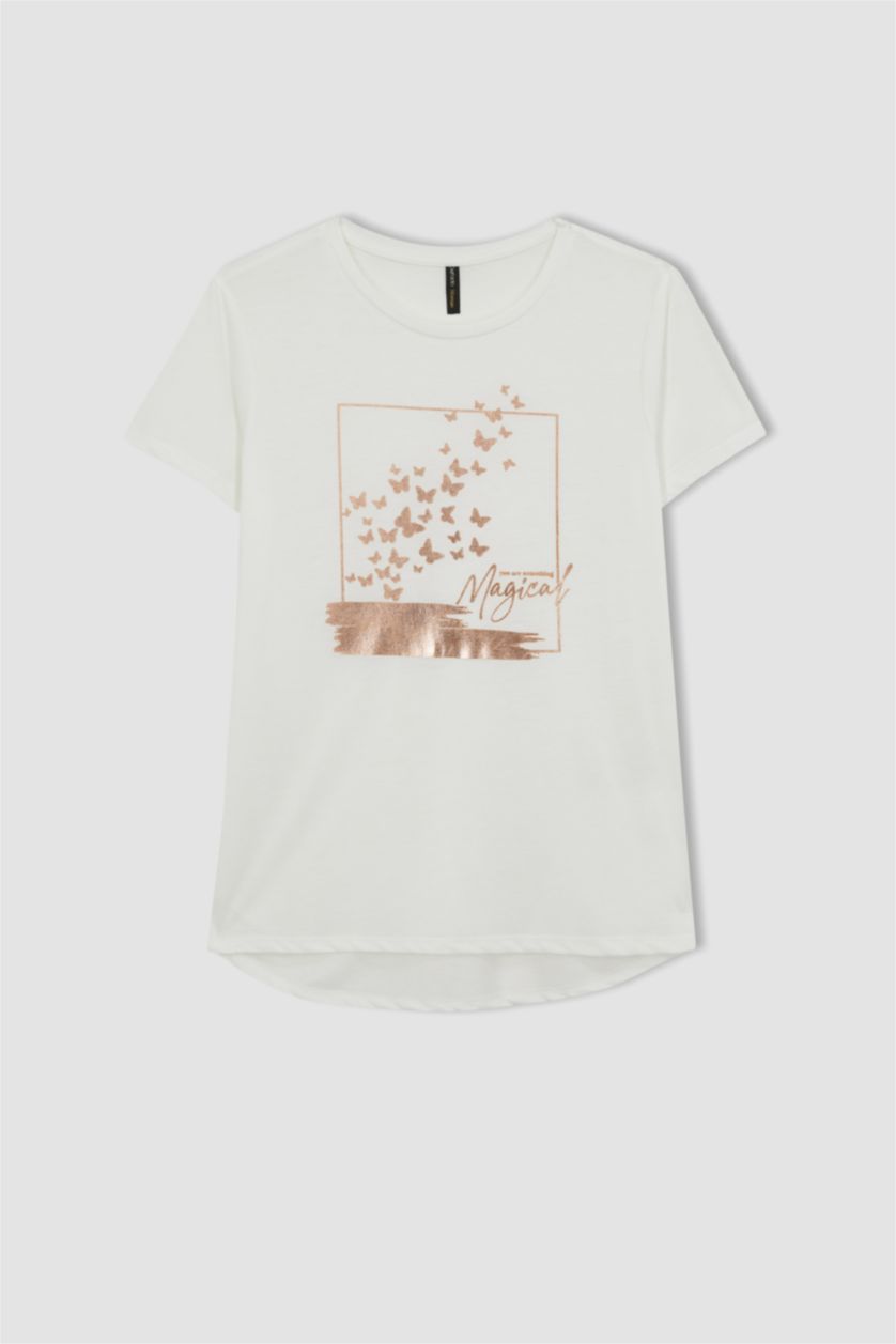 Kadın Ekru Regular Fıt Bisiklet Yaka Kısa Kollu Tişört