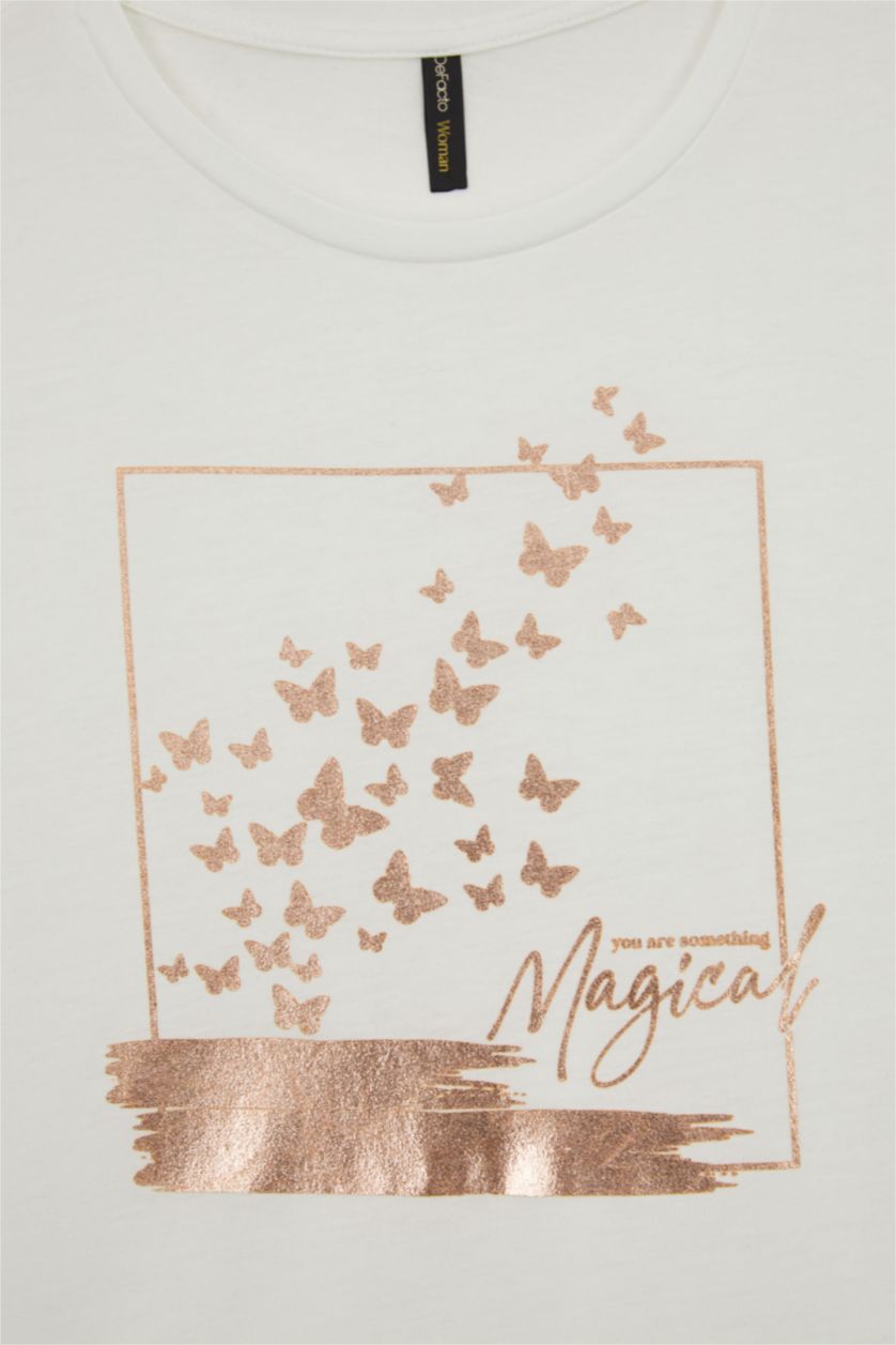 Kadın Ekru Regular Fıt Bisiklet Yaka Kısa Kollu Tişört