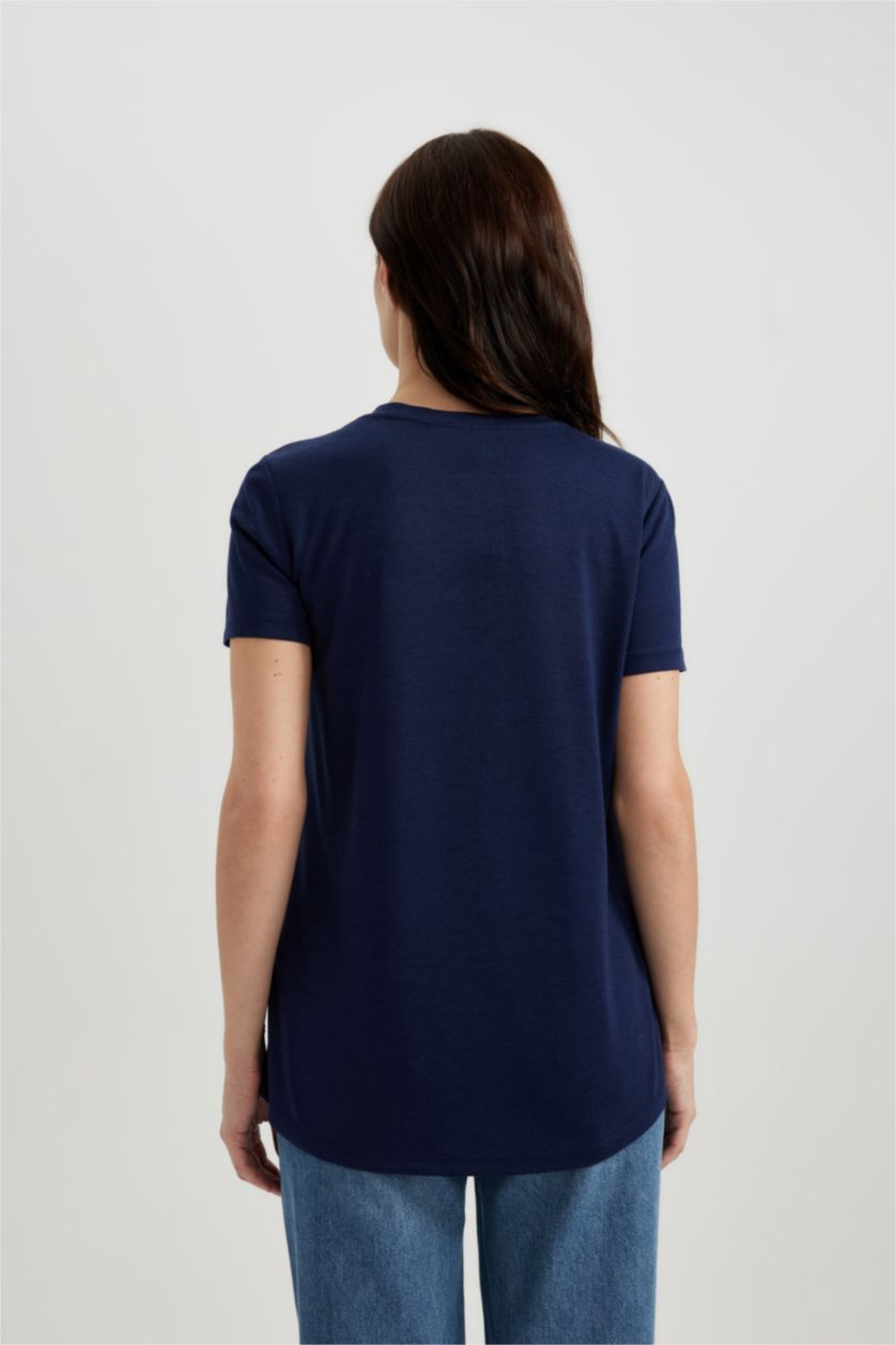 نساء كحلي تي شيرت نص كم قصة مريحة برقبة مستديرة