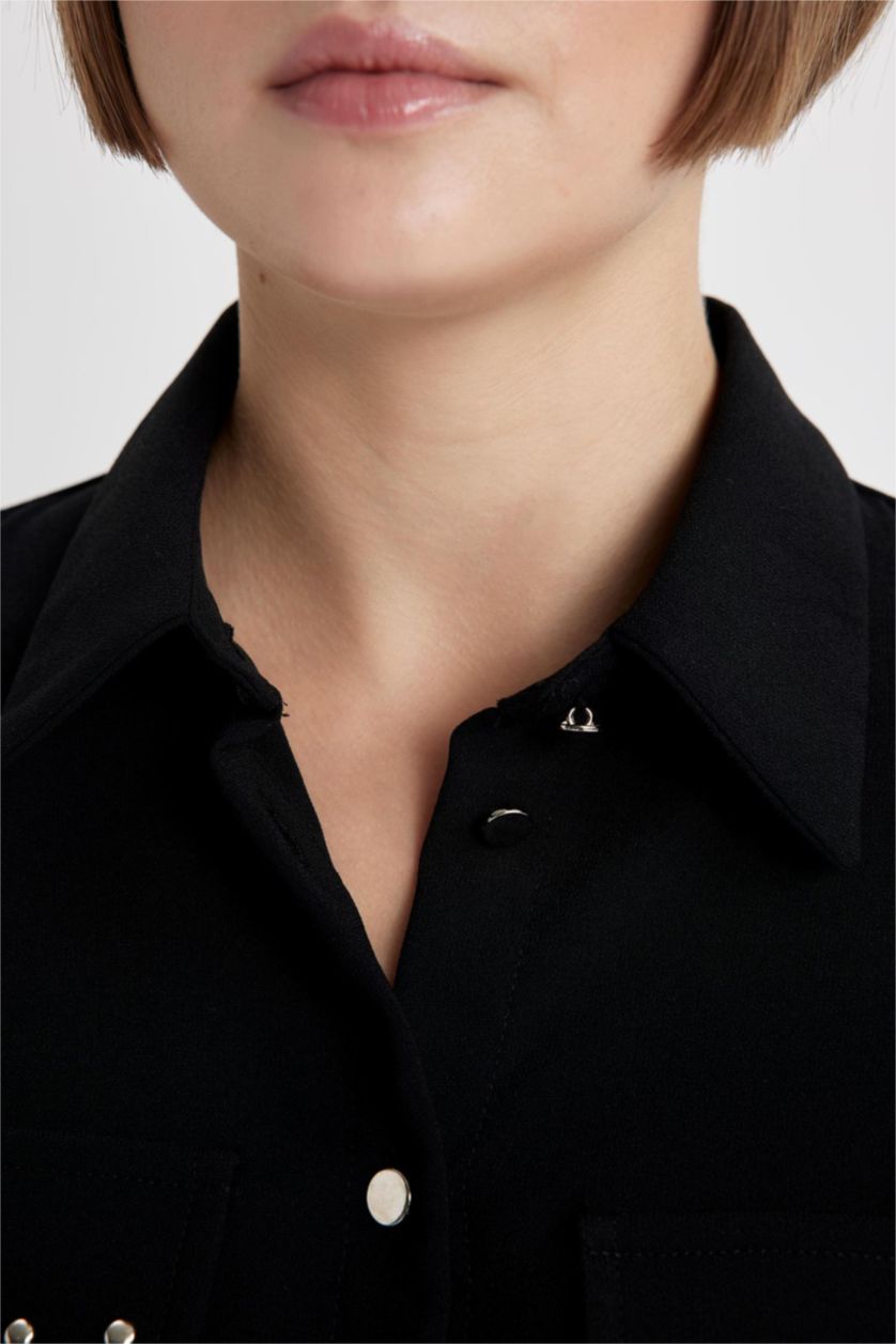 نساء أسود فستان قصير كريب كم طويل بياقة قميص وحزام