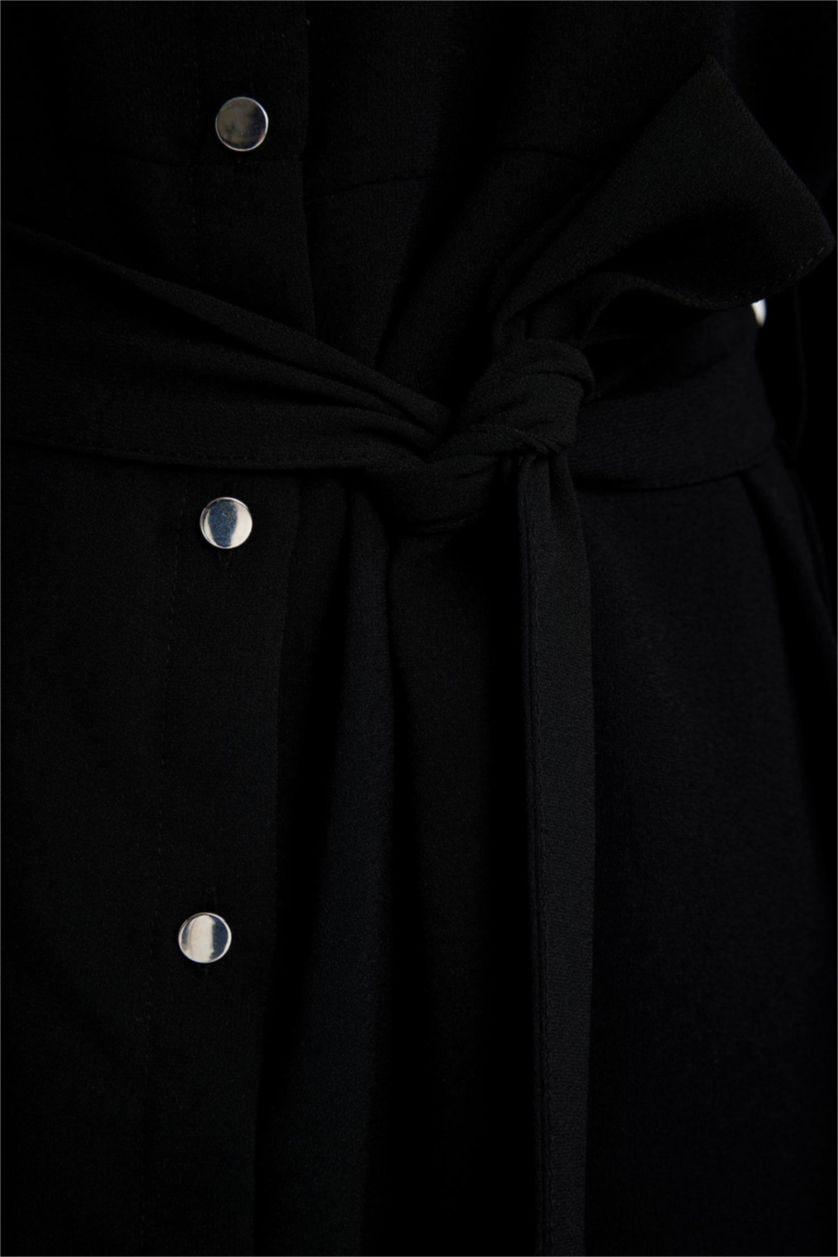 نساء أسود فستان قصير كريب كم طويل بياقة قميص وحزام