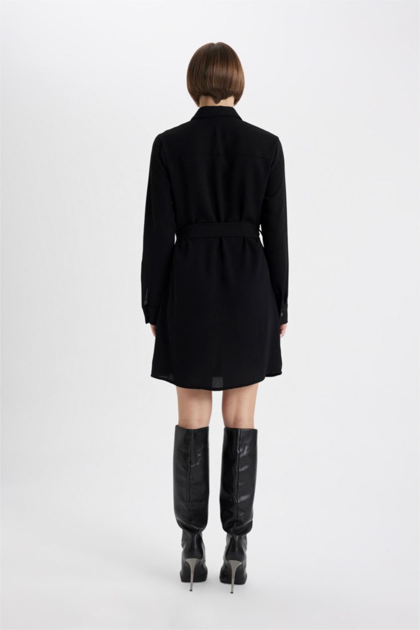 نساء أسود فستان قصير كريب كم طويل بياقة قميص وحزام