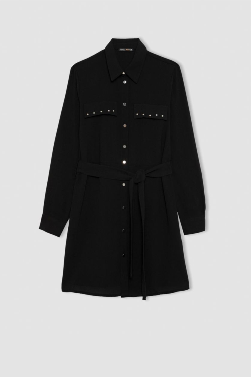 نساء أسود فستان قصير كريب كم طويل بياقة قميص وحزام