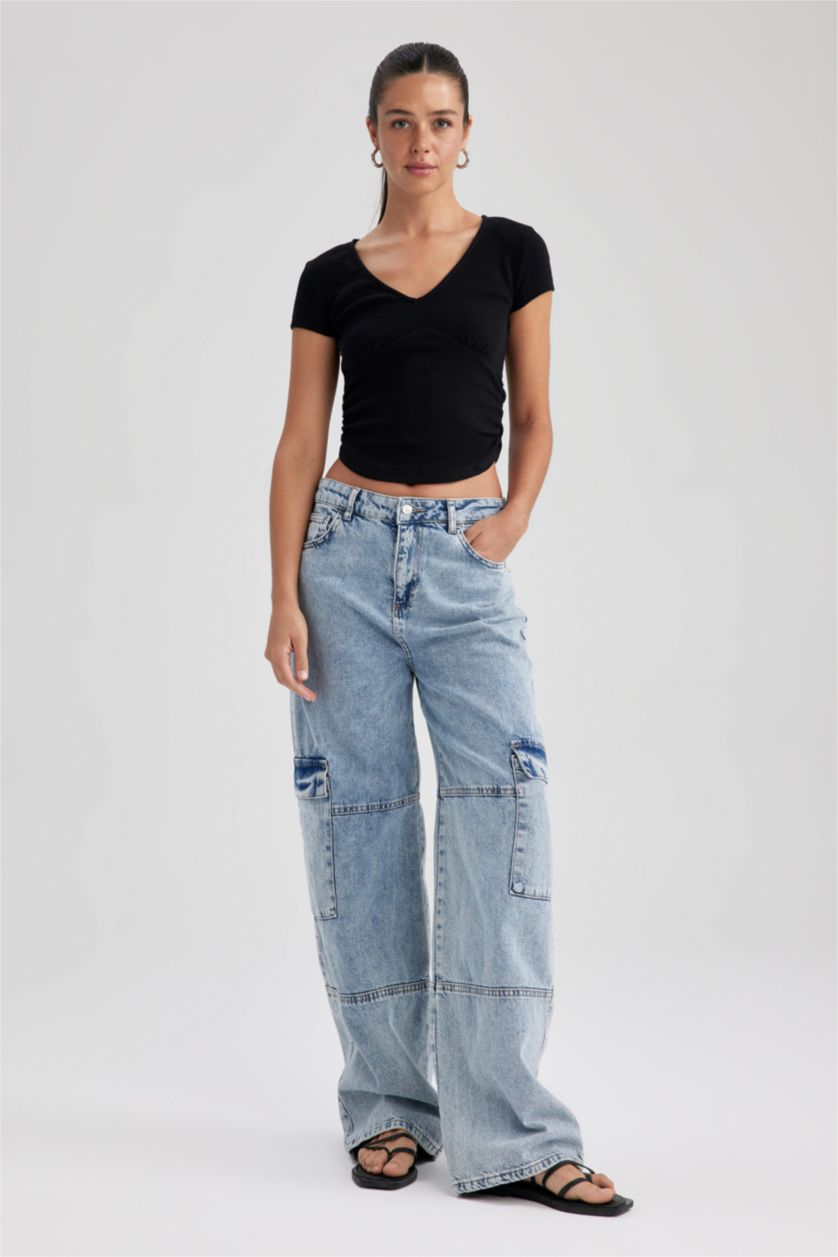 Женская Черный Футболка приталенного кроя с V-образным вырезом