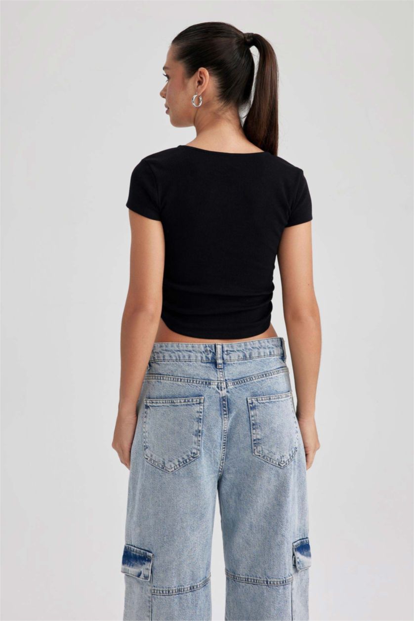 Женская Черный Футболка приталенного кроя с V-образным вырезом