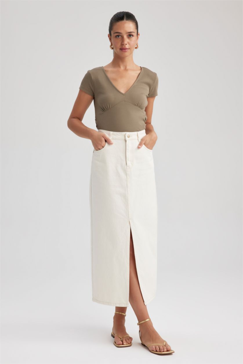نساء كاكي تيشيرت مضلع سليم فيت بياخة V