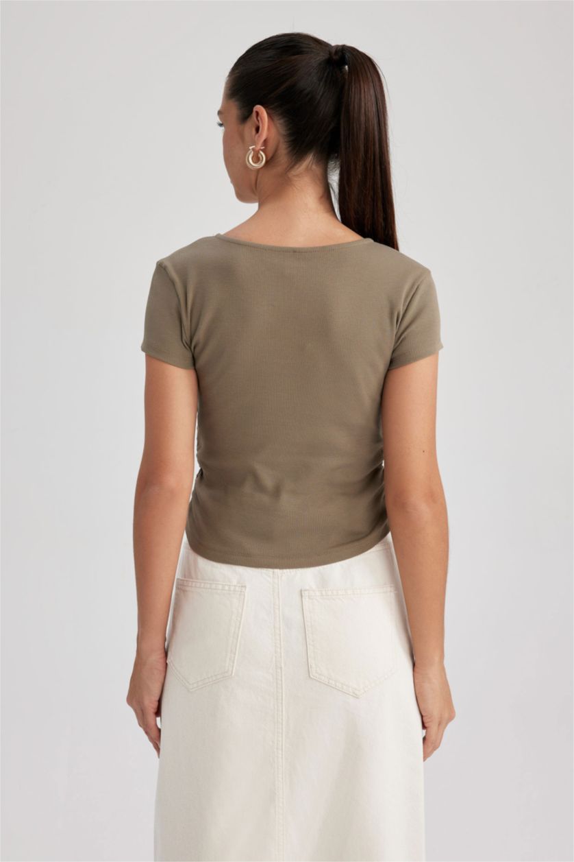 نساء كاكي تيشيرت مضلع سليم فيت بياخة V