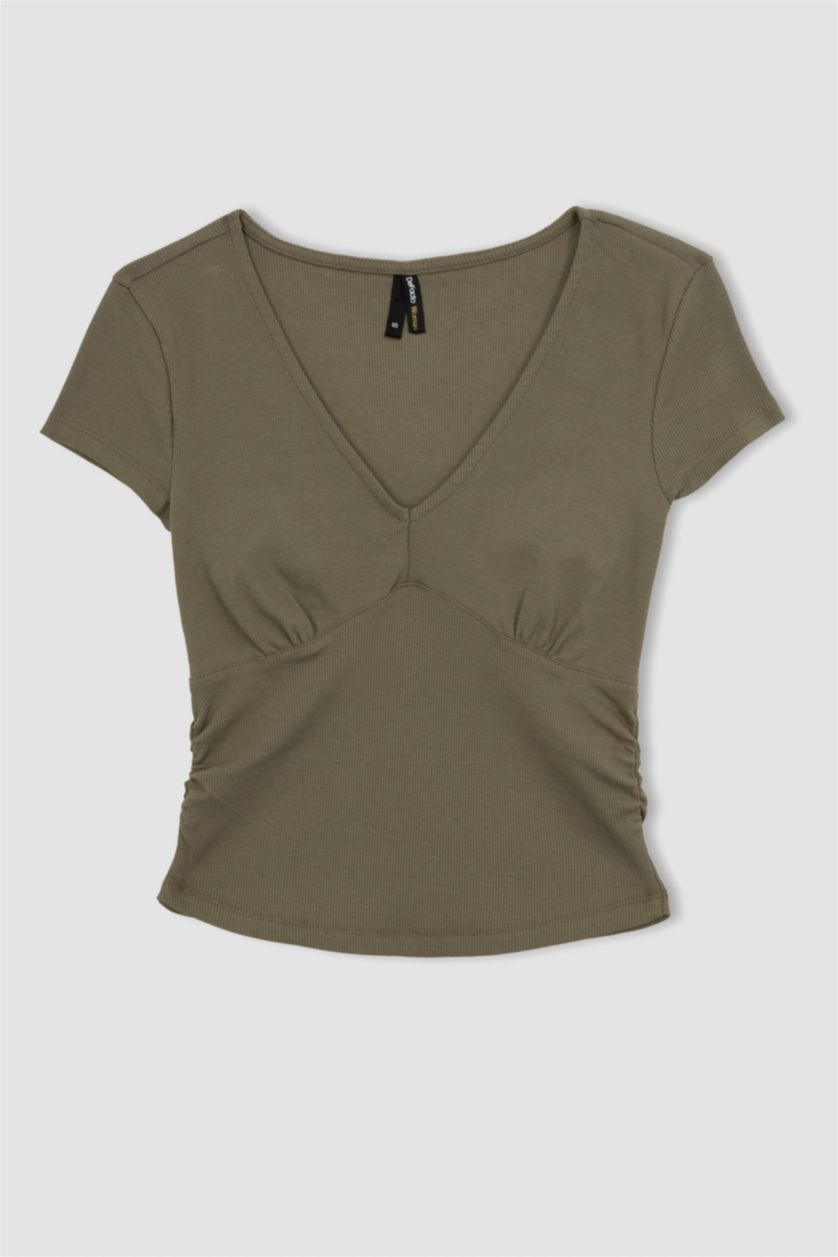 نساء كاكي تيشيرت مضلع سليم فيت بياخة V