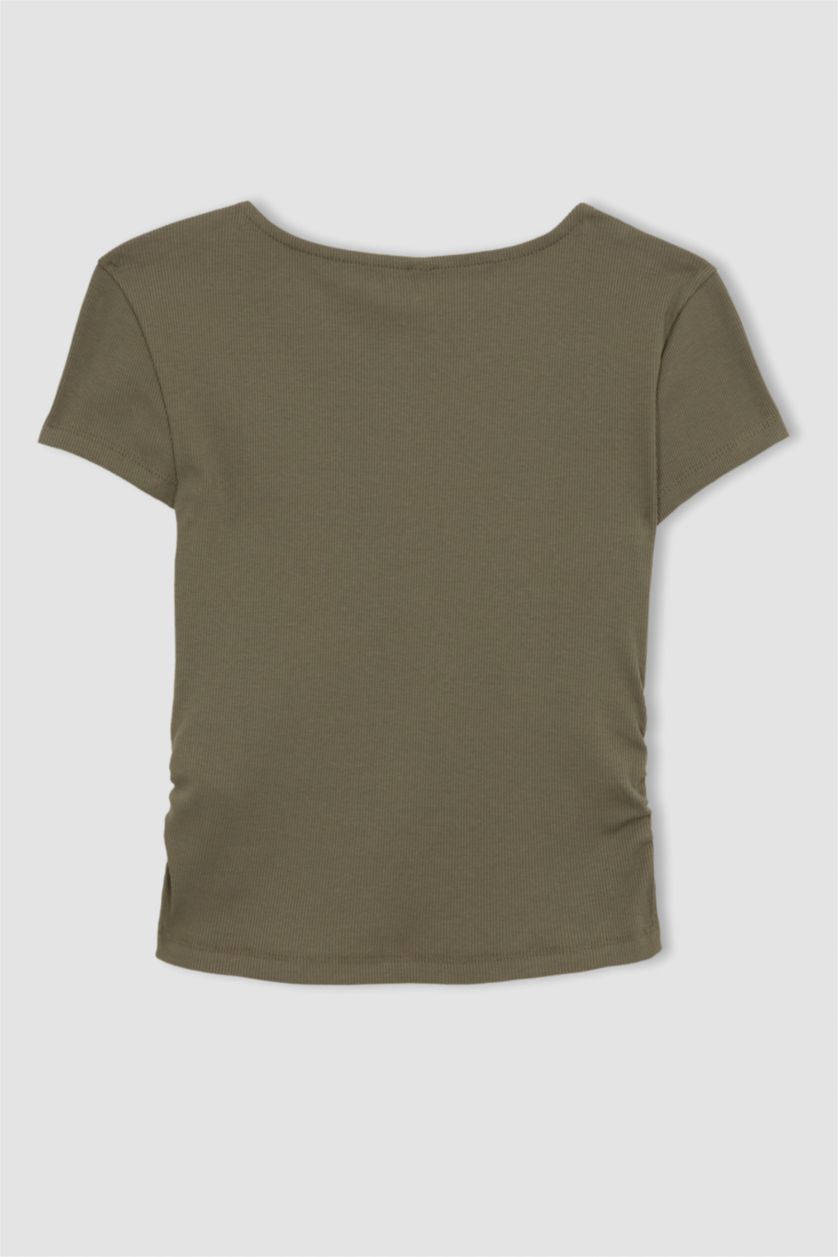 نساء كاكي تيشيرت مضلع سليم فيت بياخة V