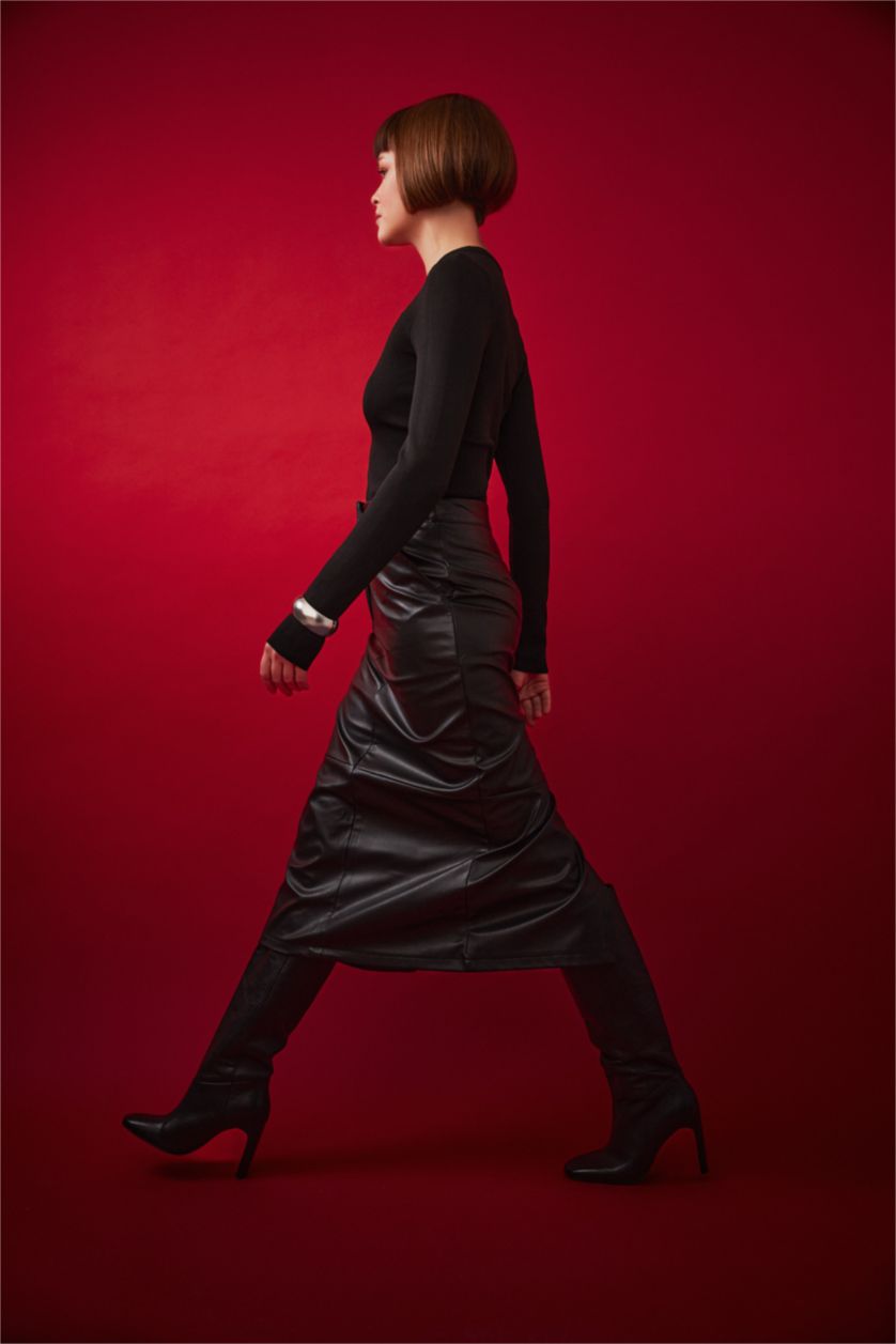 Жіночий Чорний Спідниця миди спıдниця олıывець нормальна посадка зі штучної шкіри