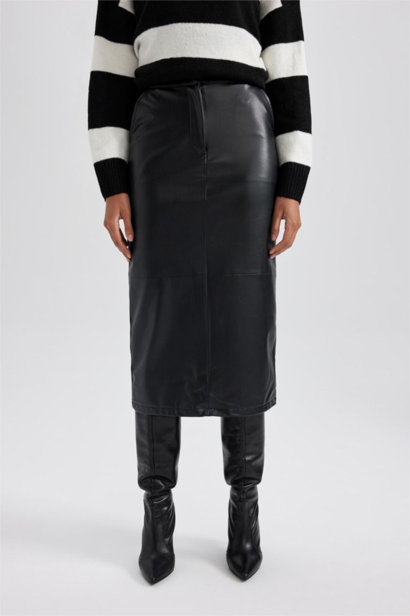 Жіночий Чорний Спідниця миди спıдниця олıывець нормальна посадка зі штучної шкіри