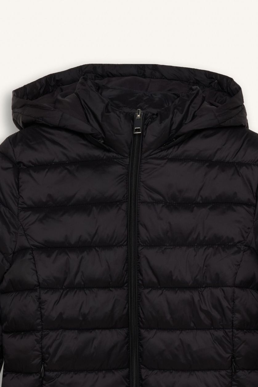 Kadın Siyah Su Geçirmez Hafif Şişme Mont Kapüşonlu Kapitoneli Fermuarlı Cepli Basic Düz Mevsimlik