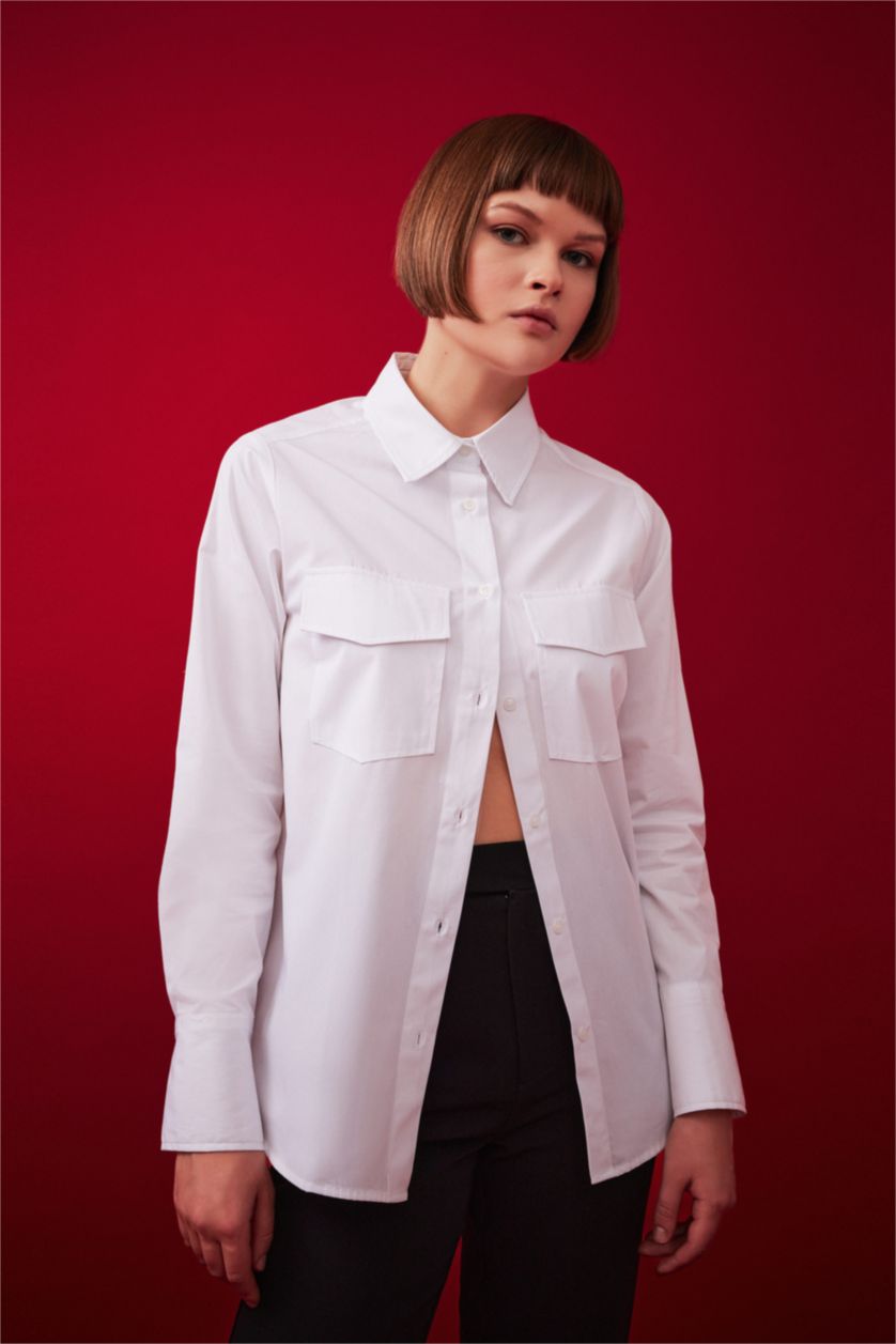 FEMME Blanc Chemise Popeline Coupe Régulière Double Poches à Manches Longues