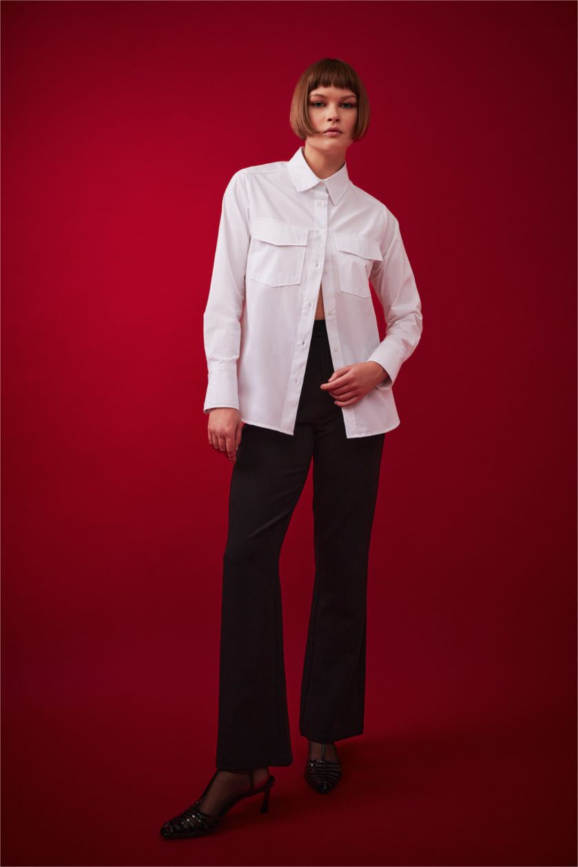 FEMME Blanc Chemise Popeline Coupe Régulière Double Poches à Manches Longues