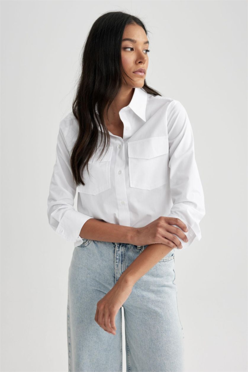 FEMME Blanc Chemise Popeline Coupe Régulière Double Poches à Manches Longues