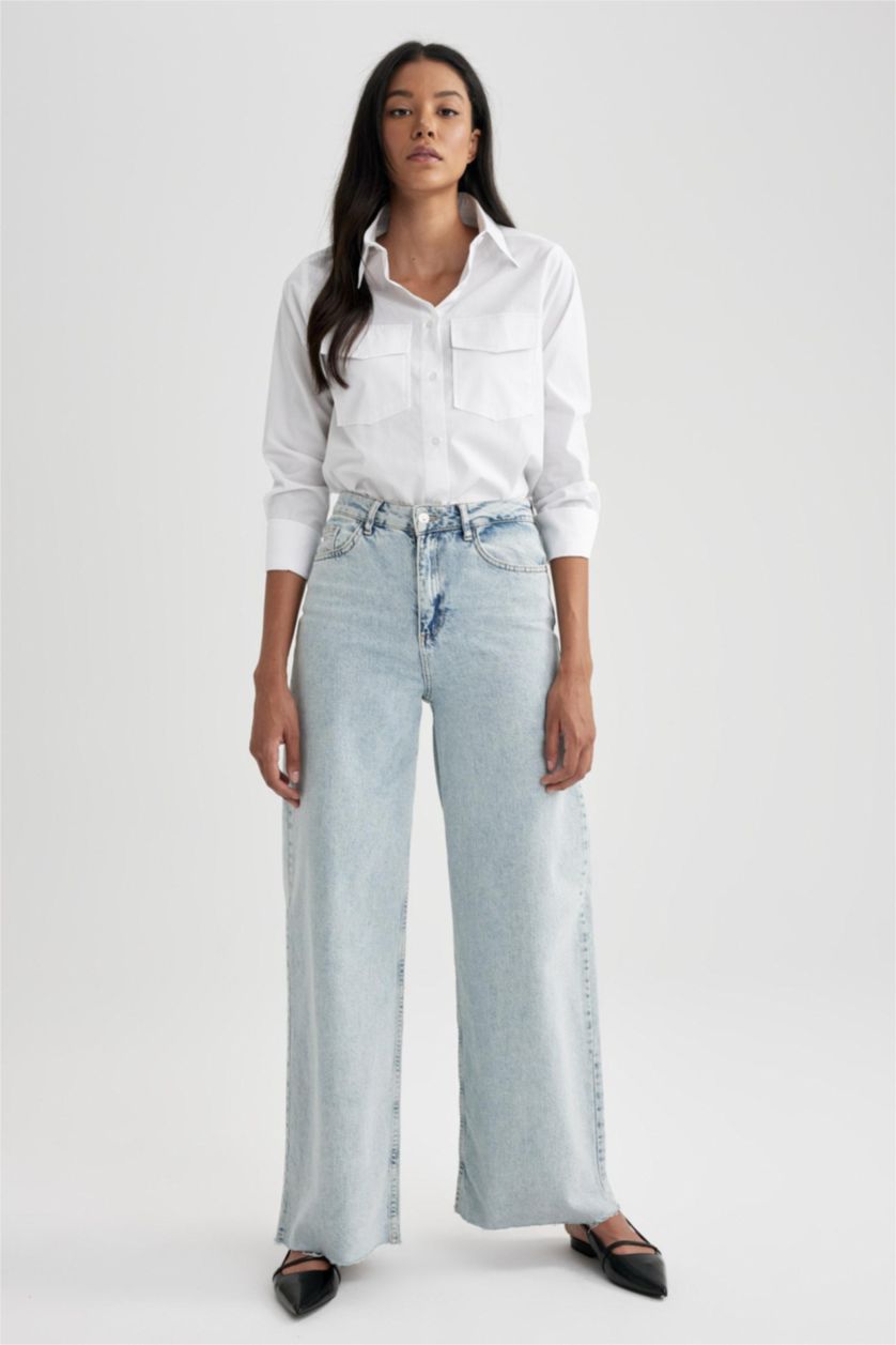 FEMME Blanc Chemise Popeline Coupe Régulière Double Poches à Manches Longues