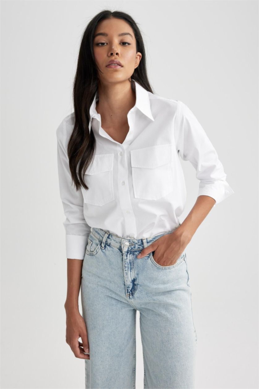 FEMME Blanc Chemise Popeline Coupe Régulière Double Poches à Manches Longues